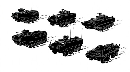 Obraz premium Six Black Stealth Fighter Jet Silhouettes in V-Formation – Cinematic Arc, Motion Blur on Afterburners