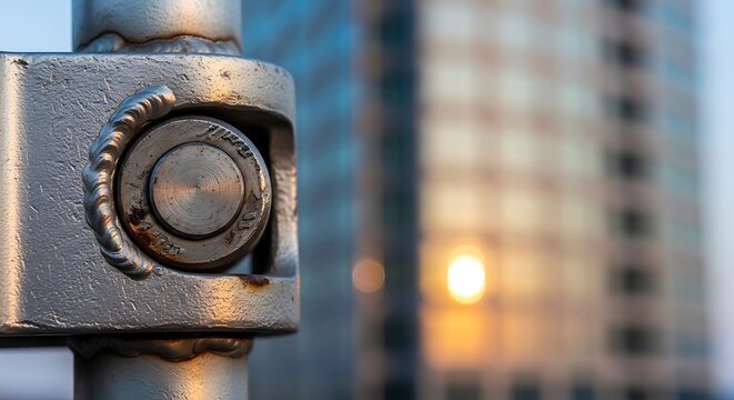 Close-up of Metal Structural Joint with Urban Building and Sunset Reflection