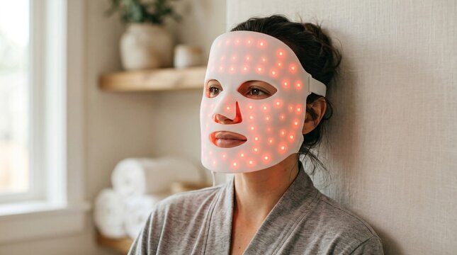 Woman wearing led light therapy facial mask during anti aging spa treatment. Innovation in cosmetic skincare technology for skin rejuvenation and health. Wellness therapy concept.