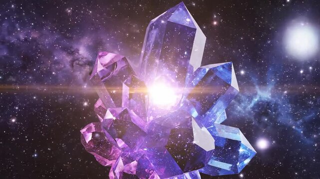 Glowing purple amethyst crystal cluster floating in a deep space nebula with stars and cosmic light.
