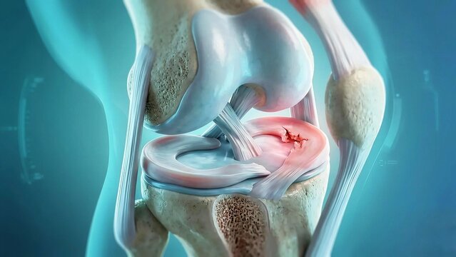 Meniscus Tear in Human Knee Joint Anatomical Illustration with Red Injury Highlight