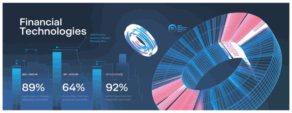 Futuristic financial technologies concept with 3d wireframe torus and data analytics dashboard, showcasing digital growth metrics and market performance trends.