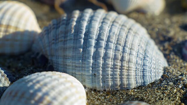 Close-Up View of a Ribbed Blue Seashell Resting on Wet Sandy Beach Pebbles