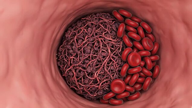 A coronary artery becoming fully blocked by a clot, blood flow stopping abruptly, dense obstruction filling the vessel