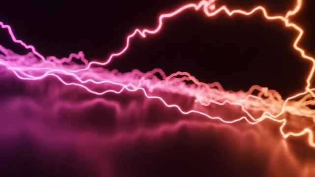 Abstract glowing energy background with pink and orange lightning bolts and electric sparks on black.