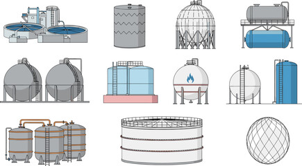 Industrial Storage Tanks and Chemical Containers in Various Shapes and Sizes for Manufacturing and Engineering Designs. © Maslima