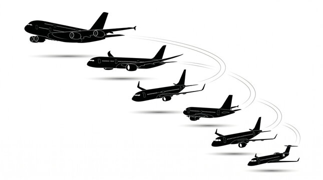 Six Black Main Battle Tank Silhouettes in Echelon Formation &ndash; Angled Side Profiles, Dust Streaks, Faint Ground Shadows