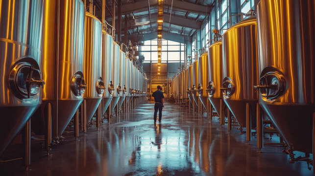 Smiling young brewer checking fermentation tanks in a modern craft brewery.