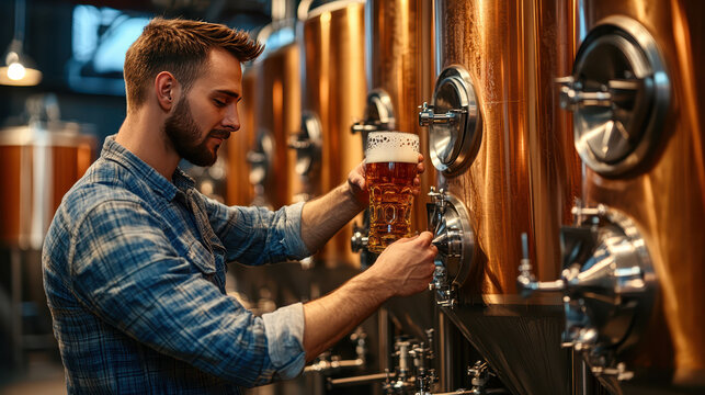 Smiling young brewer checking fermentation tanks in a modern craft brewery.