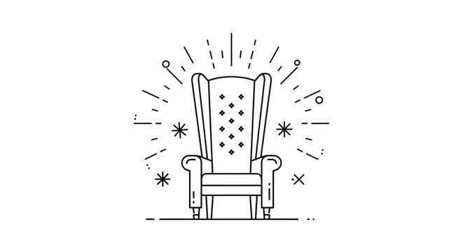 Elegant line art illustration of a royal armchair surrounded by sparkling elements representing comfort, luxury, and prestige in interior design.