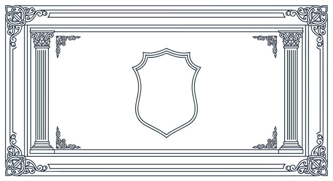 Decorative classical frame featuring architectural columns, intricate corner ornaments, and a central shield for elegant certificates or award designs.