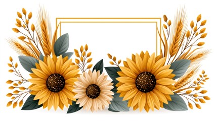Fototapeta premium Autumn harvest sunflowers and wheat frame border
