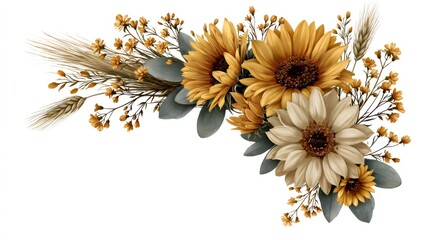 Obraz premium Autumn sunflowers floral arrangement with wheat and leaves
