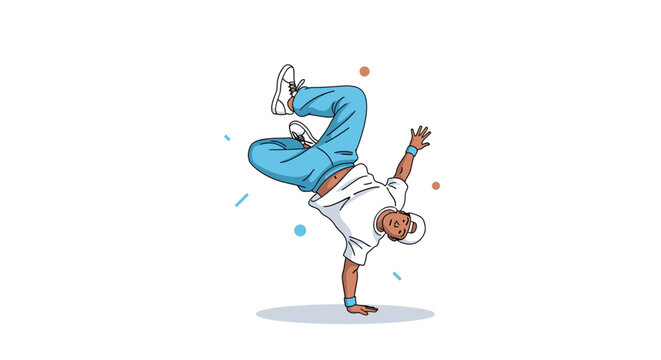 Dynamic vector illustration of a young man performing a breakdance move on one hand showcasing urban street dance culture and athletic skills.