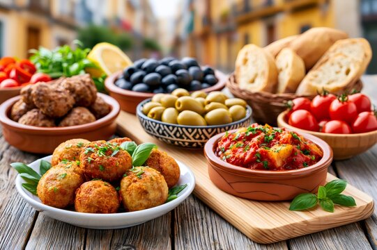 Spanish tapas variety showcasing delicious appetizers on wooden table
