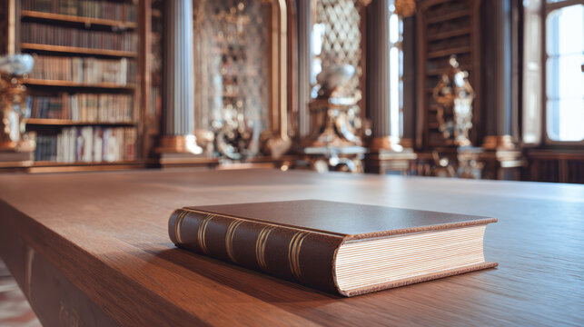 Vintage leather bound book resting on library table