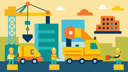 Naklejka premium Construction vehicles, workers, and equipment, industrial site, yellow machines, city buildings