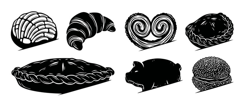 Mexican Bakery Bread Icons Set, Traditional Sweet Pastries Vector Collection featuring Concha, Croissant, Empanada, Pie, and Marranito, Minimalist Black and White Graphic Illustration for Menu Design