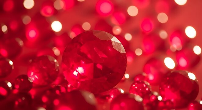 Large round-cut red ruby gemstone with sparkling bokeh background