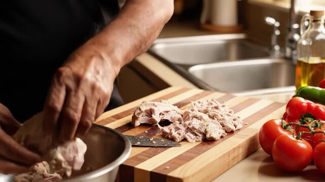 Chef shredding cooked meat on wooden cutting board in kitchen