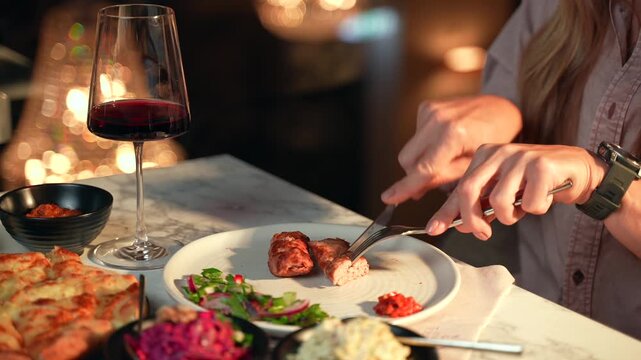 Elegant Woman eating Delicious food at Restaurant Using Knife and Fork. Served Table with Dishes in Rich Luxury Interior
