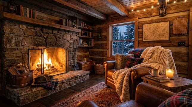 A warmly lit log cabin interior showcases a cozy living room with a large stone fireplace. A leather armchair is draped with a plaid blanket, inviting relaxation.
