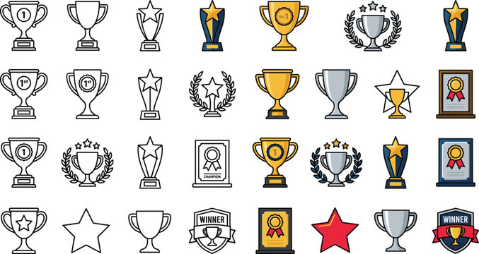 Award trophy and champion badge collection featuring medals, winner cups, stars, plaques, and achievement vector illustration icons