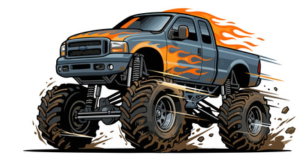 Racing Monster Truck with Orange Flame Graphics Speeding Through Mud — Dynamic Cartoon © Amanda