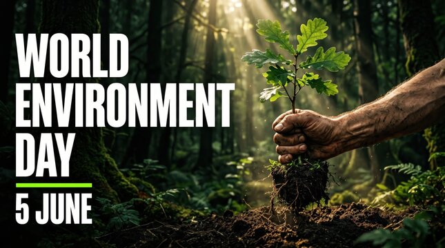 World Environment Day 5 June banner, hand planting young oak tree sapling in sunlit forest, reforestation and ecology conservation concept