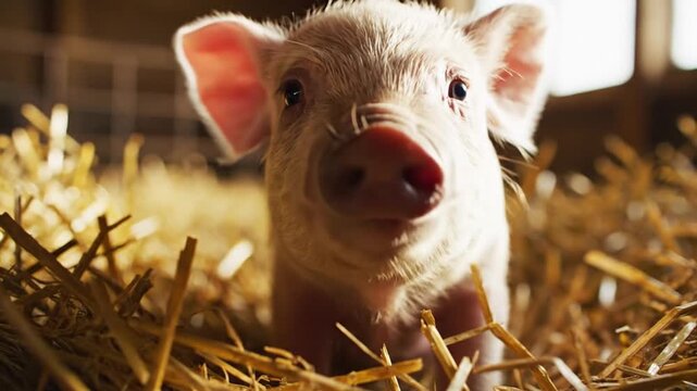 A little pink piglet with floppy ears lies on hay and looks directly into the camera in a cozy farm environment.
