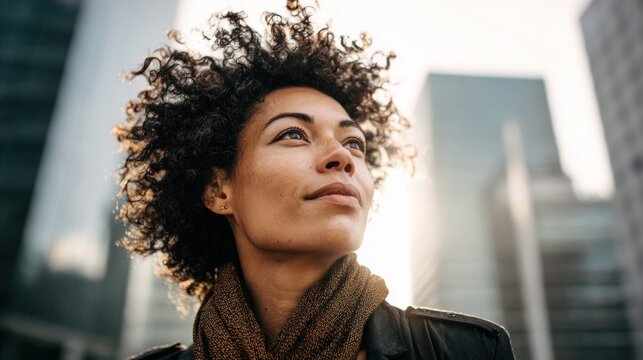 Confident woman looking up in a city setting with skyscrapers in the background