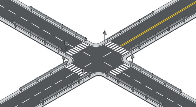 Isometric vector illustration of a clean road intersection with crosswalks and guardrails representing urban planning, traffic, and transportation networks.