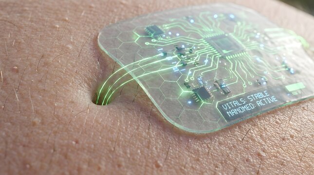 Close-up of a transparent medical patch with illuminated circuitry attached to skin, highlighting advanced wearable technology and health monitoring capabilities