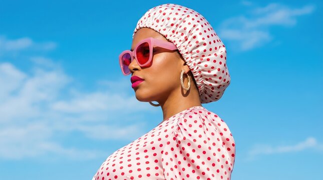 Portrait of a stylish woman wearing a pink polka dot bonnet and sunglasses against a clear blue sky.