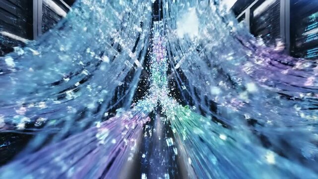 Vast quantities of digital data stream through glowing conduits, illuminating rows of server racks with vibrant energy, representing the immense power and flow of information within