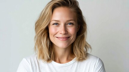 Fototapeta premium Portrait of a beautiful woman with a warm smile and natural blonde hair