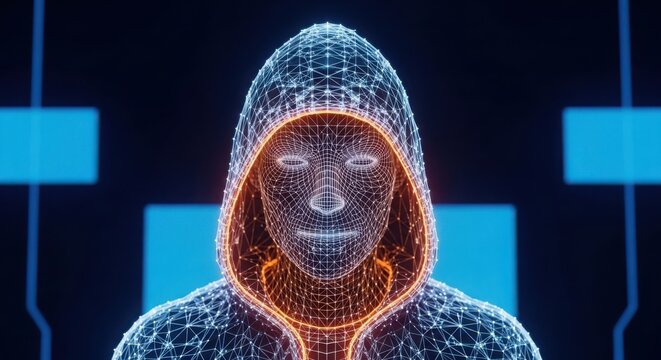 a hooded figure with a futuristic face illustration
