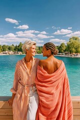 Fototapeta premium Two friends wrapped in towels smiling on a sunny dock by a turquoise lake