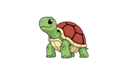 Obraz premium Cute cartoon turtle with a friendly face and a dark red shell standing on its four green legs against a plain white background.