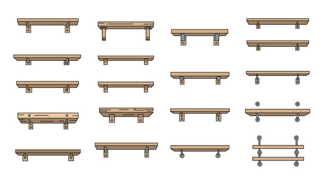 Set of various wooden wall shelves with different brackets and designs shown in a clear infographic style layout.