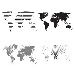 Fototapeta premium Set of four different black world map designs including striped solid dotted and digital connection patterns