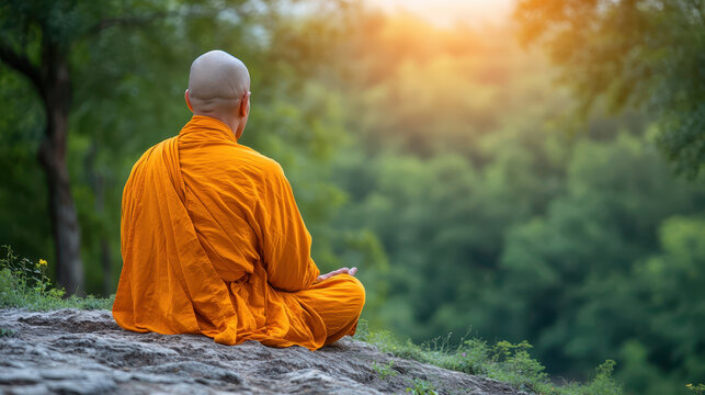 Buddhist monk in saffron robe meditating in lotus position on a rock surrounded by serene green nature at sunrise.