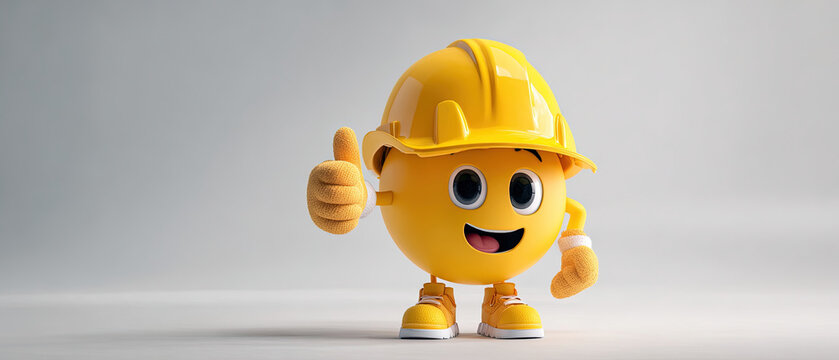 Cheerful yellow emoji character in construction gear giving thumbs up, symbolizing safety, teamwork, and positive workplace attitude on neutral background.