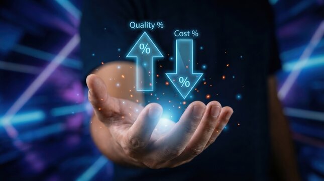 Businessman hand holding digital icons showing quality increase and cost reduction for business optimization.