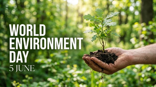 World Environment Day 5 June banner, hands holding small green plant sapling in soil, reforestation and ecology conservation concept