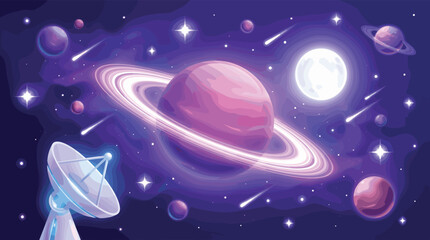 Futuristic Space Exploration Scene with Pink Planet, Rings, Moon, Satellites, and Comets in Dark Galaxy Background. © Honey!
