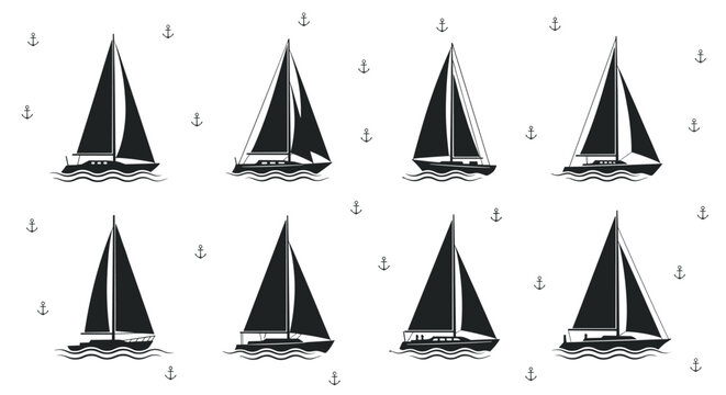 Nautical pattern of black sailboat silhouettes and small anchors scattered across a plain and clean white background.