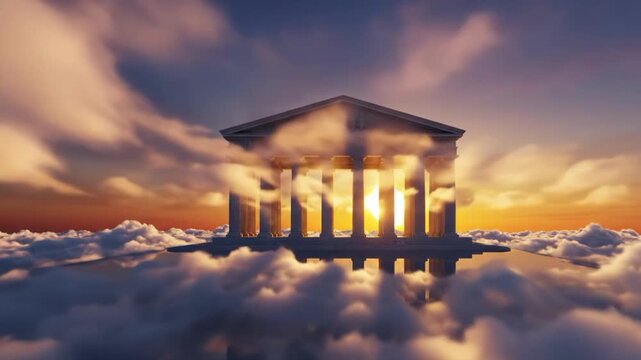 Ancient greek temple structure floating above clouds at sunset