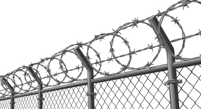 High security prison fence featuring chain link mesh topped with sharp concertina barbed wire for maximum protection and safety.