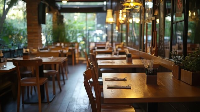 Empty restaurant dining area with arranged tables and chairs